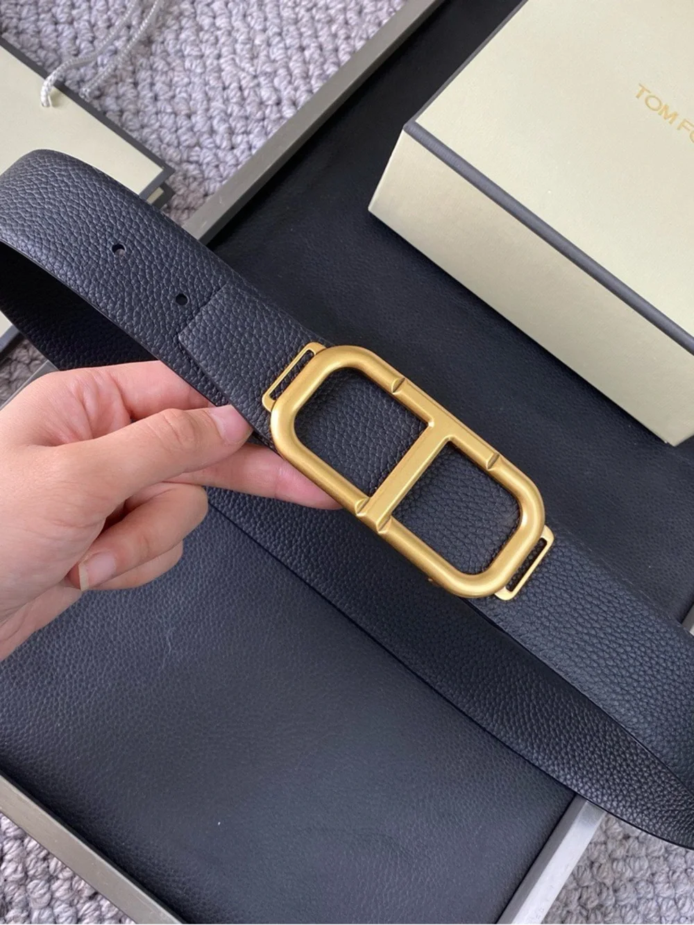 Tom Ford Black Leather Belt with Gold Oval Double Buckle